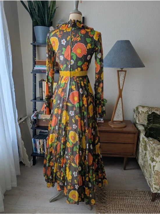Vintage 60s 70s Floral Hippie Maxi Dress Long Sleeve Witchy Made in USA SM - Picture 3 of 16